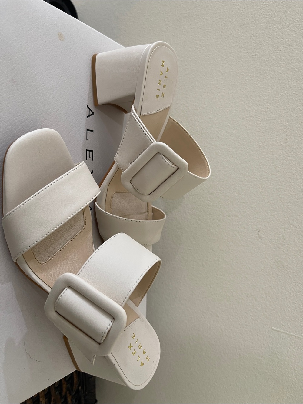 Alex Marie Cream Double-Strap Buckle Block Heel Mules